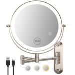 Modern 17.6 in. W x 14.4 in. H Round with Light 15x Magnifying Wall Bathroom Makeup Mirror in Nickel, Rectangular Base