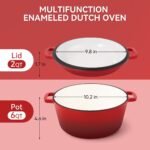 6 qt. Round Cast Iron Dutch Oven in Red with 2 qt. Lid, 2-in-1 function, Maximum Heat Resistance of 500℉
