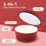 6 qt. Round Cast Iron Dutch Oven in Red with 2 qt. Lid, 2-in-1 function, Maximum Heat Resistance of 500℉