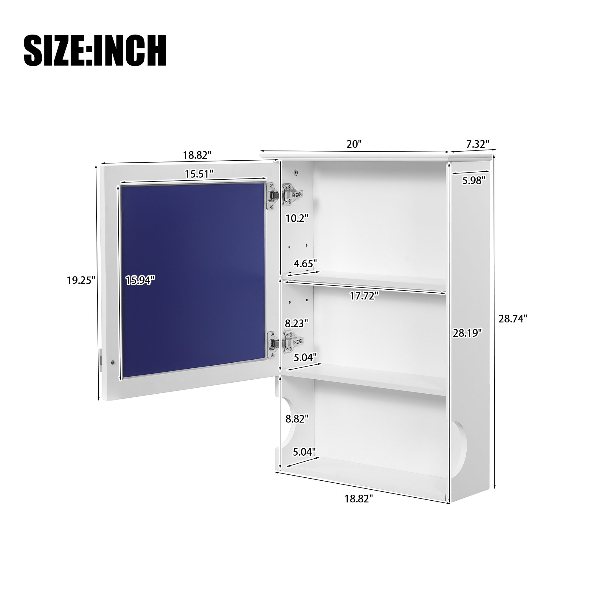 MS 20 in. W x 28.74 in. H Rectangular MDF+Metal Medicine Cabinet with Mirror