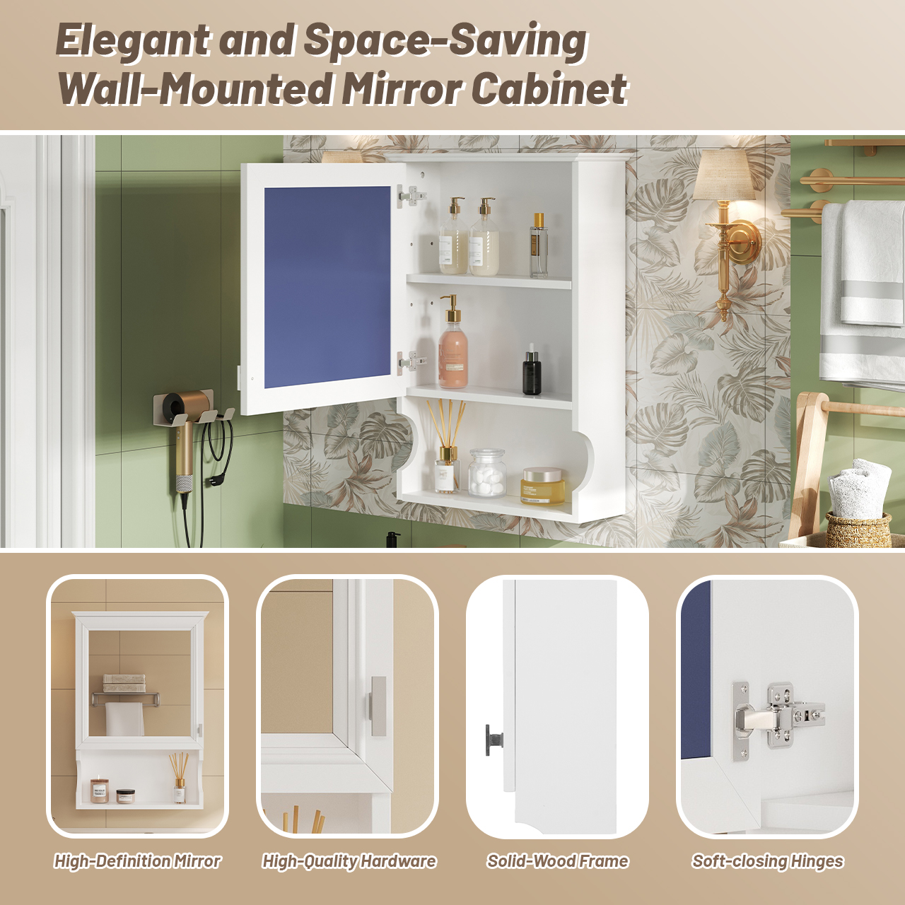 MS 20 in. W x 28.74 in. H Rectangular MDF+Metal Medicine Cabinet with Mirror