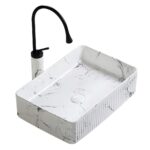 HE Marble texture Vessel Bathroom Sink in White Ceramic,including faucet and Drain